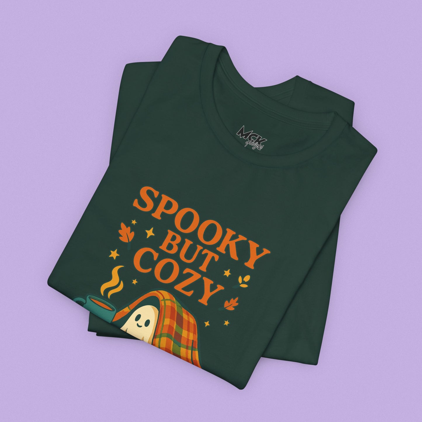 Cozy Ghost Halloween Shirt – Spooky Season “Spooky But Cozy” Tee, Fall Aesthetic Coffee & Blanket Graphic for Teachers & Moms