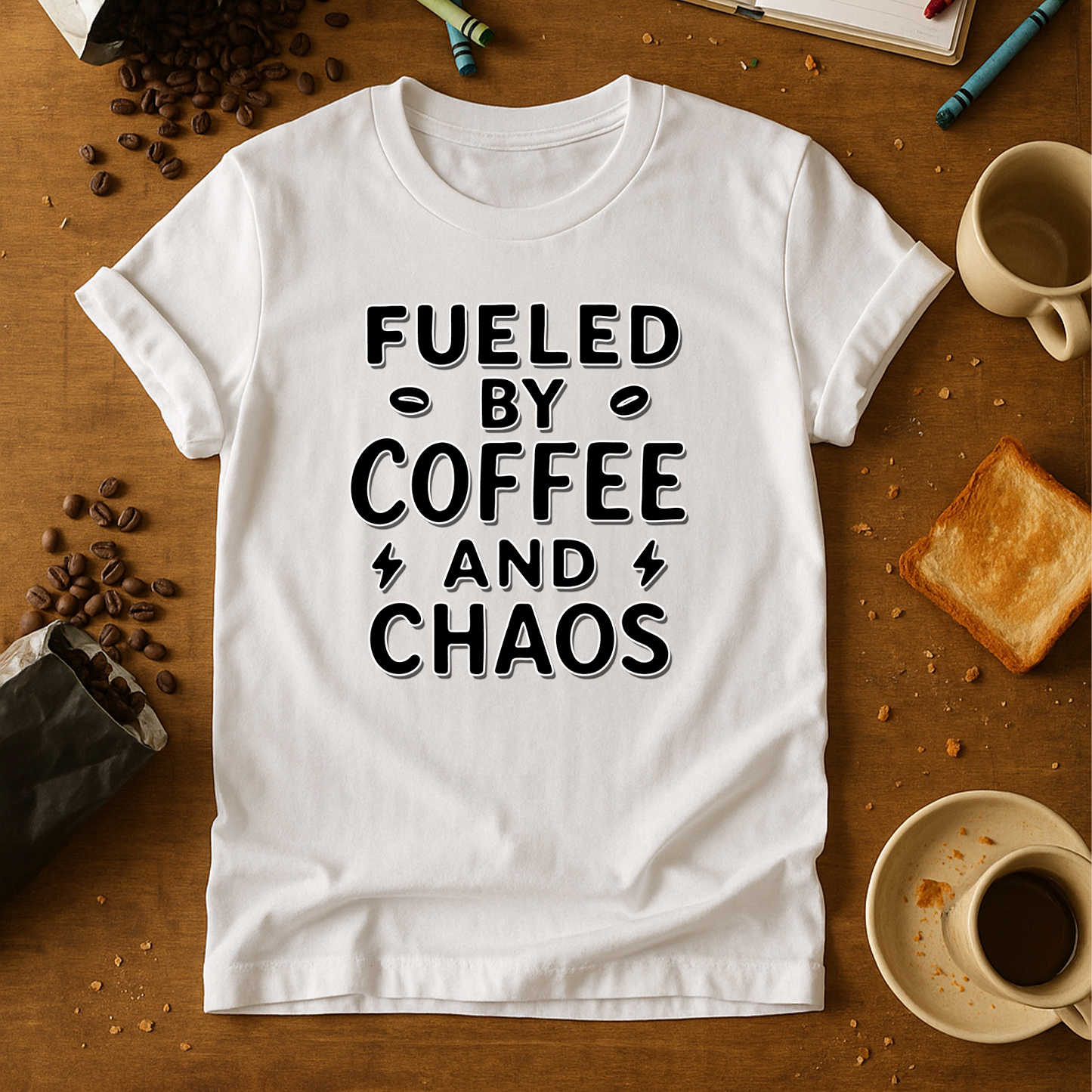 Fueled by Coffee and Chaos Bold Tee – Minimalist Mom/Teacher Humor Shirt