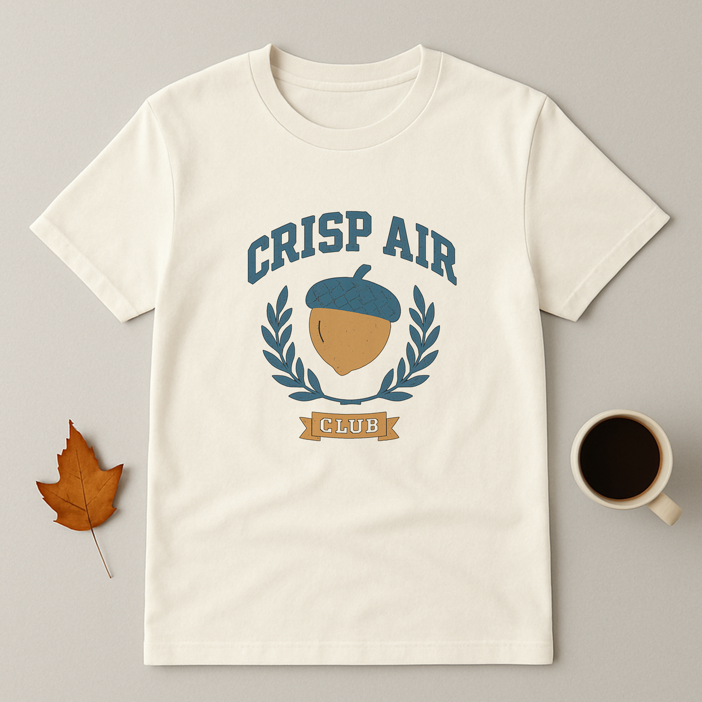 Autumn Nature Graphic T-Shirt – “Crisp Air Club” Acorn Crest Fall Coffee Walk Tee
