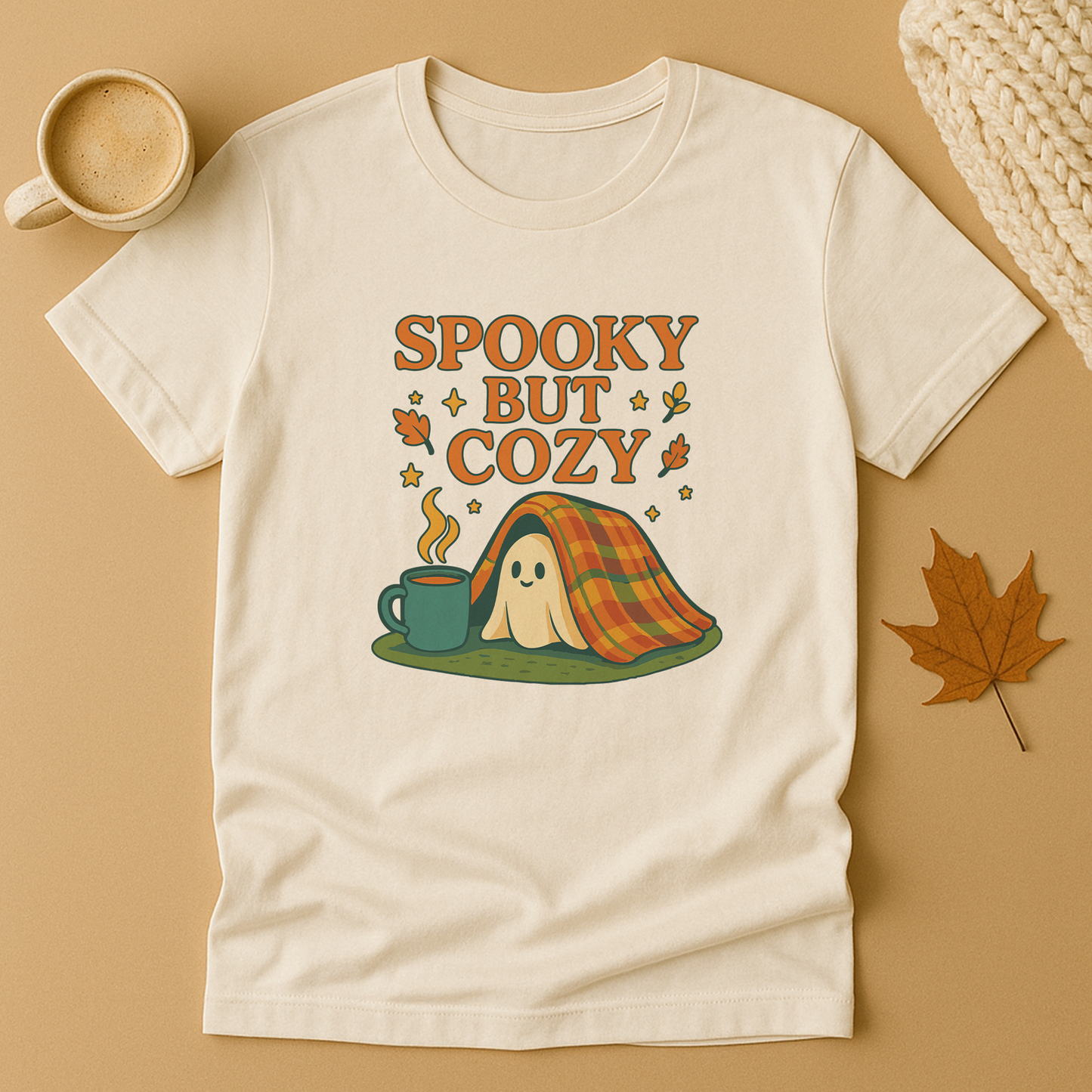 Cozy Ghost Halloween Shirt – Spooky Season “Spooky But Cozy” Tee, Fall Aesthetic Coffee & Blanket Graphic for Teachers & Moms