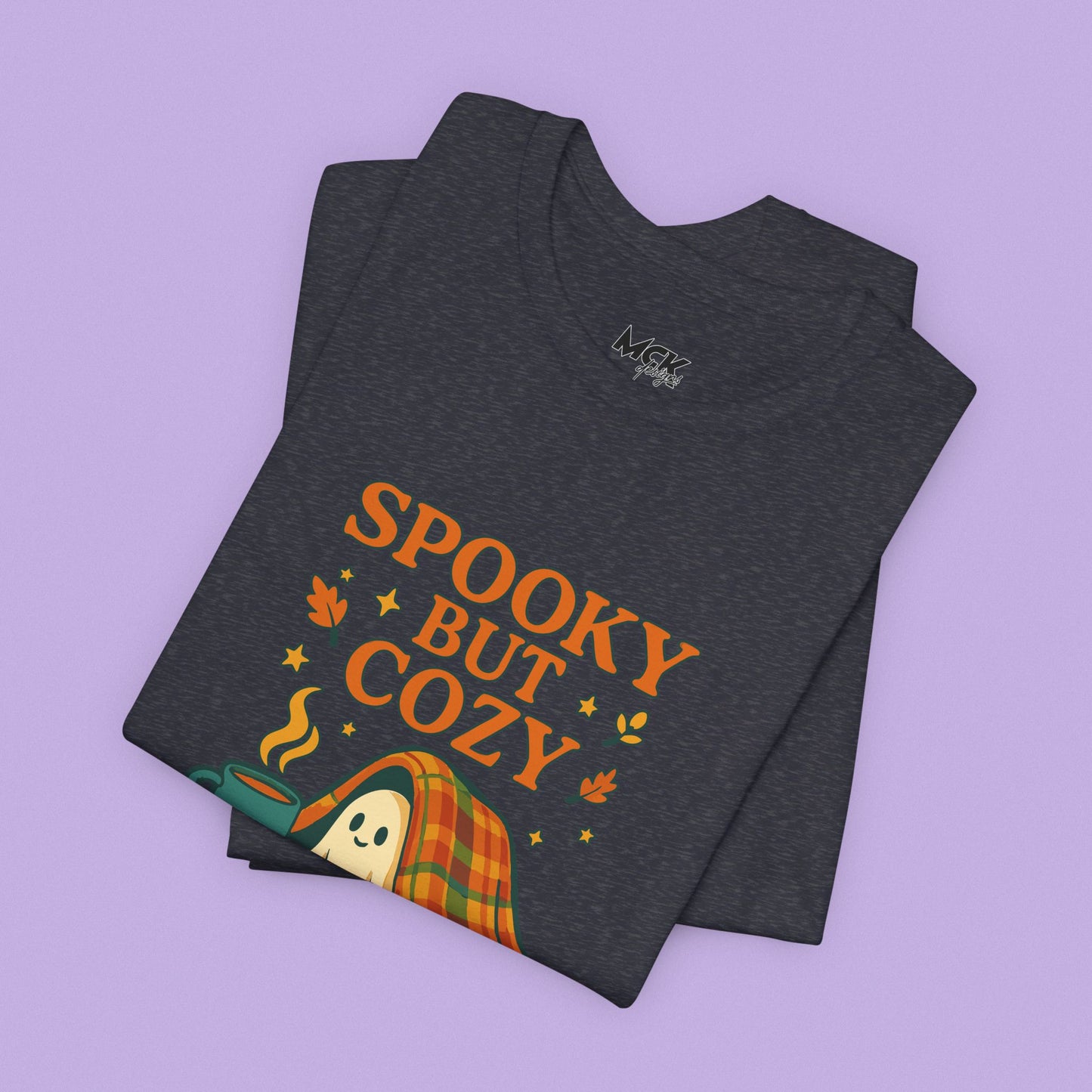 Cozy Ghost Halloween Shirt – Spooky Season “Spooky But Cozy” Tee, Fall Aesthetic Coffee & Blanket Graphic for Teachers & Moms