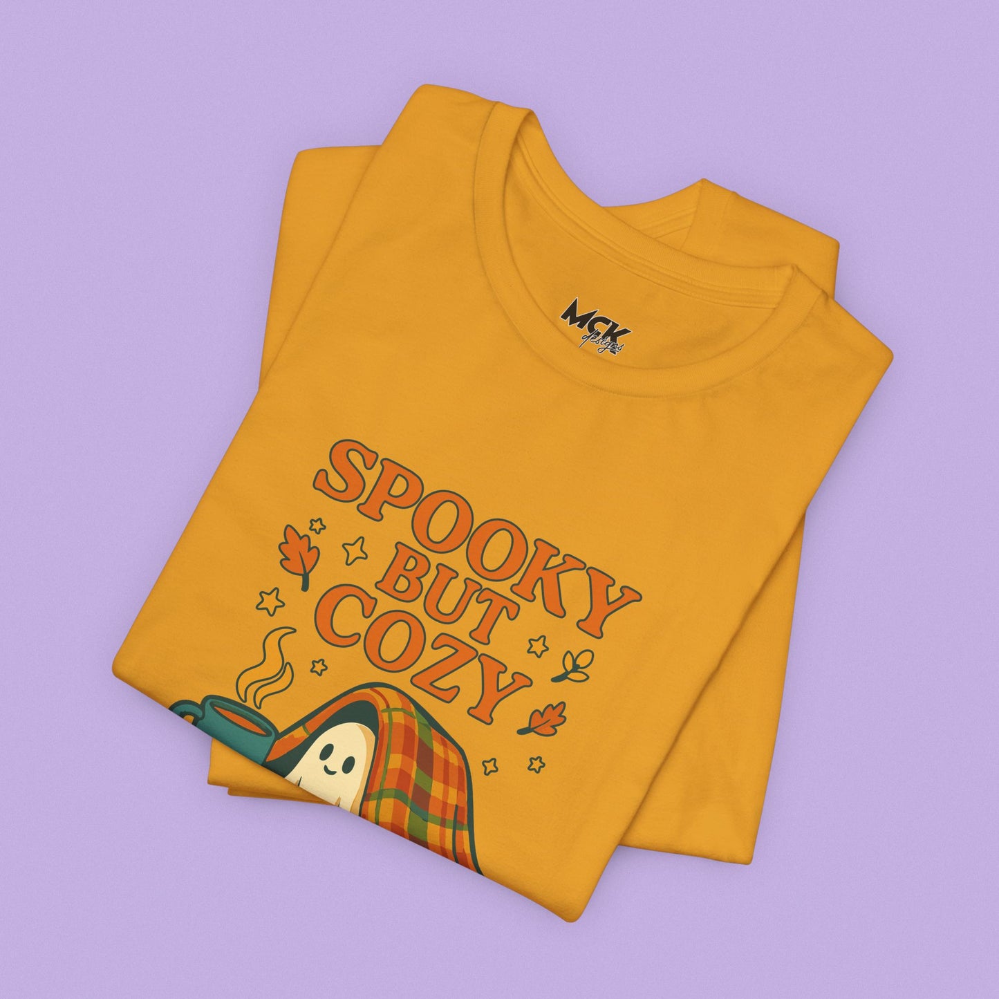 Cozy Ghost Halloween Shirt – Spooky Season “Spooky But Cozy” Tee, Fall Aesthetic Coffee & Blanket Graphic for Teachers & Moms
