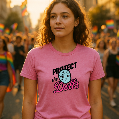 Protect the Dolls Graphic Tee – Trans Rights Shirt with Retro Dollface, LGBTQ+ Pride Apparel