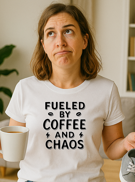 Fueled by Coffee and Chaos Bold Tee – Minimalist Mom/Teacher Humor Shirt