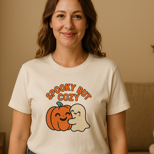 Cozy Ghost Halloween Shirt – Spooky Season Pumpkin Tee, Fall Aesthetic Graphic for Teachers & Moms, Cute Autumn Latte Vibes