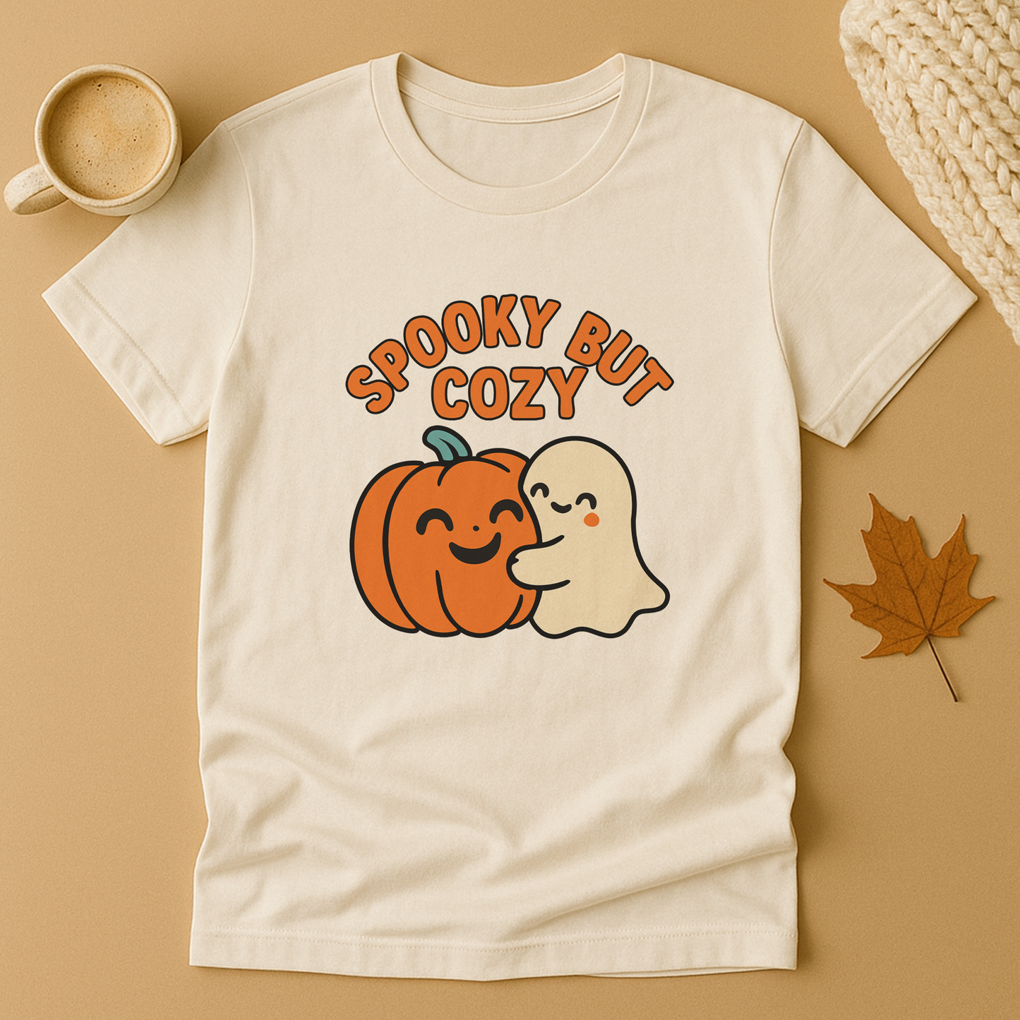 Cozy Ghost Halloween Shirt – Spooky Season Pumpkin Tee, Fall Aesthetic Graphic for Teachers & Moms, Cute Autumn Latte Vibes
