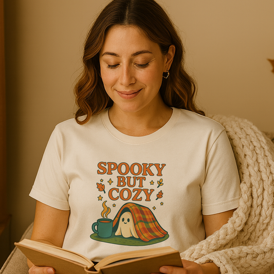 Cozy Ghost Halloween Shirt – Spooky Season “Spooky But Cozy” Tee, Fall Aesthetic Coffee & Blanket Graphic for Teachers & Moms