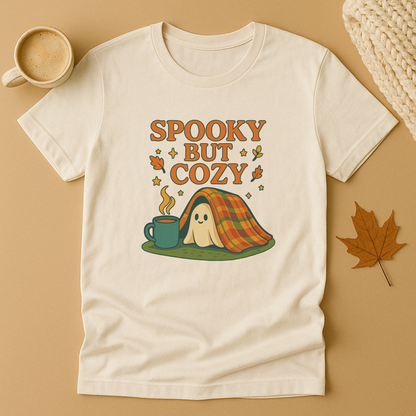Cozy Ghost Halloween Shirt – Spooky Season “Spooky But Cozy” Tee, Fall Aesthetic Coffee & Blanket Graphic for Teachers & Moms