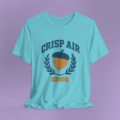 Autumn Nature Graphic T-Shirt – “Crisp Air Club” Acorn Crest Fall Coffee Walk Tee