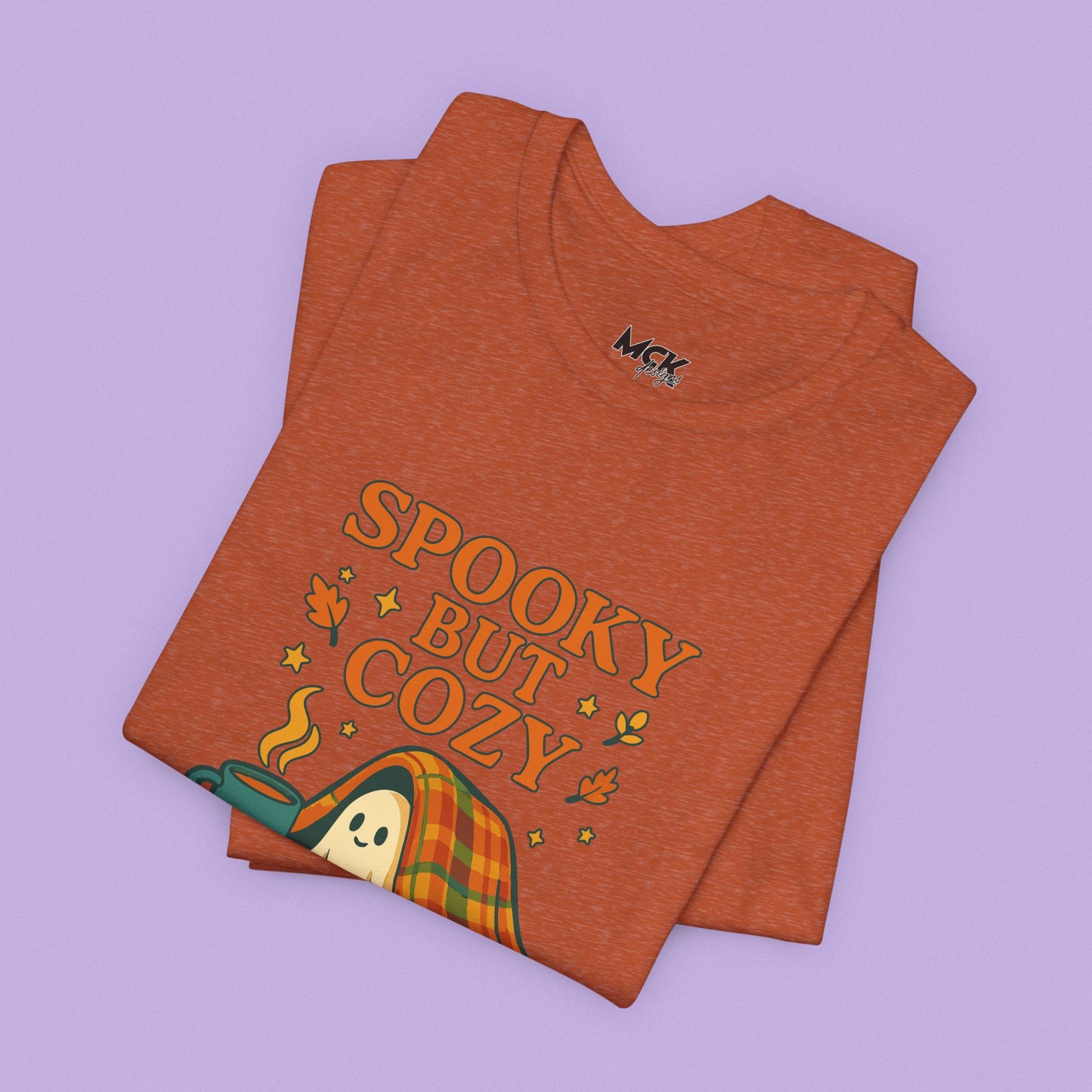 Cozy Ghost Halloween Shirt – Spooky Season “Spooky But Cozy” Tee, Fall Aesthetic Coffee & Blanket Graphic for Teachers & Moms