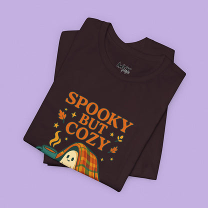 Cozy Ghost Halloween Shirt – Spooky Season “Spooky But Cozy” Tee, Fall Aesthetic Coffee & Blanket Graphic for Teachers & Moms