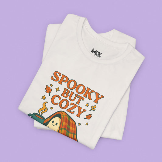 Cozy Ghost Halloween Shirt – Spooky Season “Spooky But Cozy” Tee, Fall Aesthetic Coffee & Blanket Graphic for Teachers & Moms