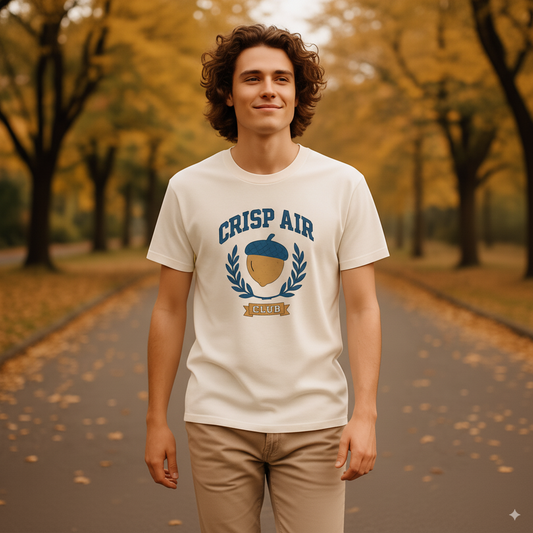 Autumn Nature Graphic T-Shirt – “Crisp Air Club” Acorn Crest Fall Coffee Walk Tee