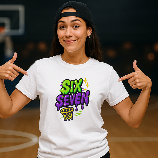 Six Seven Basketball Shirt – Funny 6-7 Meme Tee, Viral TikTok Trend T-Shirt, Internet Meme Top with Hoop Graphic, LaMelo Ball Height Meme Shirt, Gen Z Slang Number Shirt, Funny Meme Culture Tee Gift